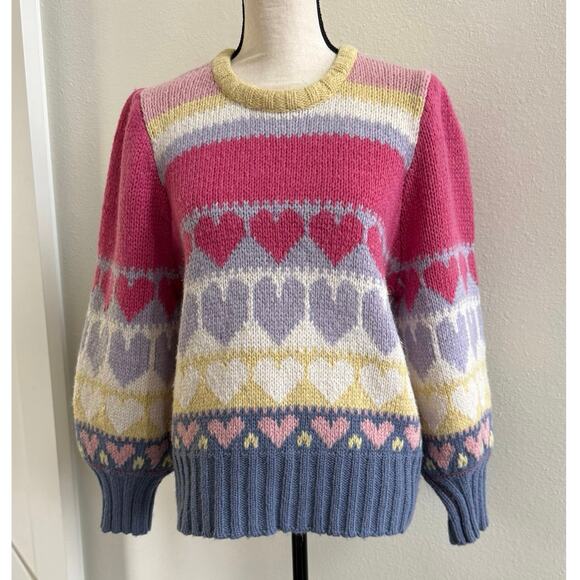 LoveShackFancy Shirelle Puff-Sleeve Heart Sweater Wool Alpaca Pink Icing Medium - Picture 3 of 15